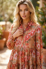 Robe courte à volants et manches longues à imprimé floral vintage marron