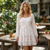 Robe courte évasée à imprimé floral rose, manches longues
