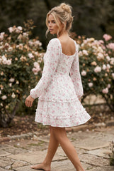 Robe courte évasée à imprimé floral rose, manches longues