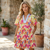 Robe à imprimé floral rose vif, bordure en ricac