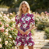 Robe courte mini à manches bouffantes et imprimé floral rouge