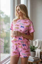 Pink Floral Print Short Sleeve High Waisted Two Piece Shorts Set