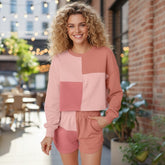 Peach Blossom Color Block Patchwork Long Sleeve Shorts Outfit