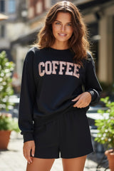 COFFEE loose sweatshirt and black sequin shorts set