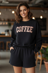 COFFEE loose sweatshirt and black sequin shorts set