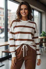 Brown Striped Drop Shoulder Sweater and Jogger Pants Set