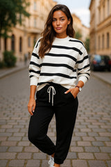 Black striped drop shoulder sweater and sweatpants set