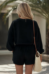 Ensemble short et pull à épaules tombantes en tricot texturé de couleur unie noir