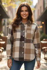 Khaki color block plaid button down long sleeve jacket with pocket