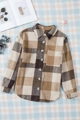 Khaki color block plaid button down long sleeve jacket with pocket