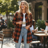 Brown plaid shirt coat with turn-down collar
