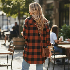 Brown plaid shirt coat with turn-down collar