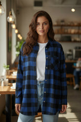 Blue tile shirt jacket with folded collar