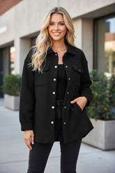 Veste boutonnée noire à poche à rabat texturé uni