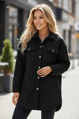 Veste boutonnée noire à poche à rabat texturé uni