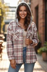 Multi-color plaid raw hem hooded jacket with flap pocket