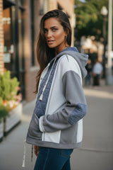 Veste à capuche coupe ample matelassée texturée bleu clair en patchwork