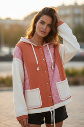 Coral Textured Quilted Loose Fit Hooded Jacket
