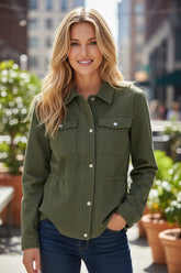 Moss green zip and snap button fitted collar jacket