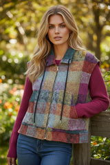 A large zipped vest with multicolored Scottish print with side pockets