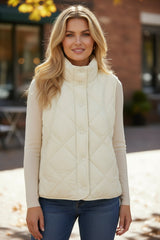 Beige quilted vest coat with high collar and buttoned pocket