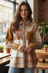 Orange plaid patchwork shirt jacket with pocket