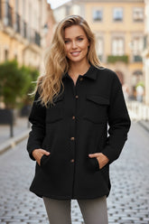 Retro padded black buttoned jacket with flap pocket