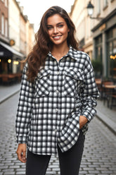 Black Plaid Print Buttoned Tunic Jacket with Chest Pockets