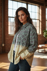 Chemise boutonnée en patchwork à carreaux contrastés vert noirâtre avec poche poitrine