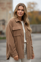 Veste à manches longues boutonnée en velours côtelé de couleur unie kaki foncé