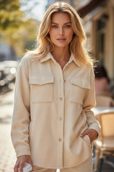 Apricot Solid Color Corduroy Button Down Long Sleeve Jacket