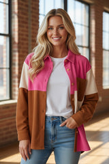 Rose Red Color Block Curved Hem Corduroy Jacket with Pocket