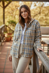 Ashleigh - Blue Waffle Knit Patchwork Hooded Plaid Jacket