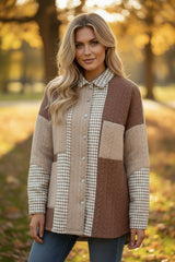 Khaki Houndstooth Color Contrast Textured Patchwork Loose Jacket