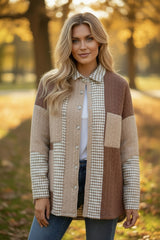 Khaki Houndstooth Color Contrast Textured Patchwork Loose Jacket