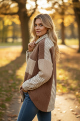 Khaki Houndstooth Color Contrast Textured Patchwork Loose Jacket