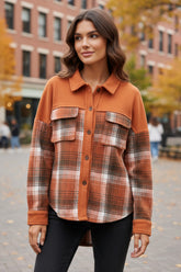 Khaki color block plaid button down jacket with flap pockets