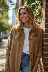 Light French Beige Buttoned Corduroy Jacket with Patch Pocket