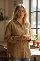 Light French Beige Buttoned Corduroy Jacket with Patch Pocket