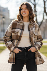 Light French Beige Flannel Plaid Jacket with Double Flap Pocket