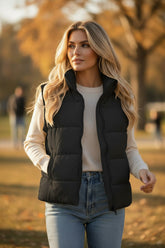 Black Oversized Quilted Vest with Stand Collar and Solid Zipper