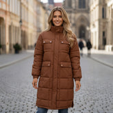 Mid-length zipped coat with stand-up collar and coffee quilting