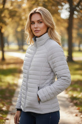 Solid color silver zipped quilted down jacket