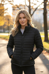 Black quilted down jacket with solid color zipper