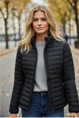 Black quilted down jacket with solid color zipper