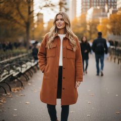 Gold Duster Coat with Textured Collar and Dropped Shoulders and Button Front
