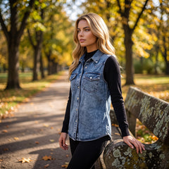 Gilet sans manches en jean bleu Ashleigh à poches poitrine