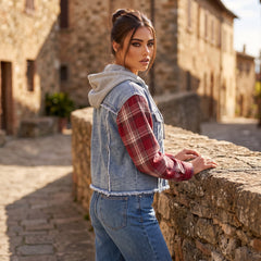 Beau Blue Plaid Patchwork Hooded Raw Hem Denim Jacket