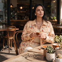 Veste longue en jean beige fleurie en coton à coupe ample