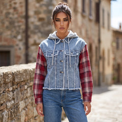 Beau Blue Plaid Patchwork Hooded Raw Hem Denim Jacket